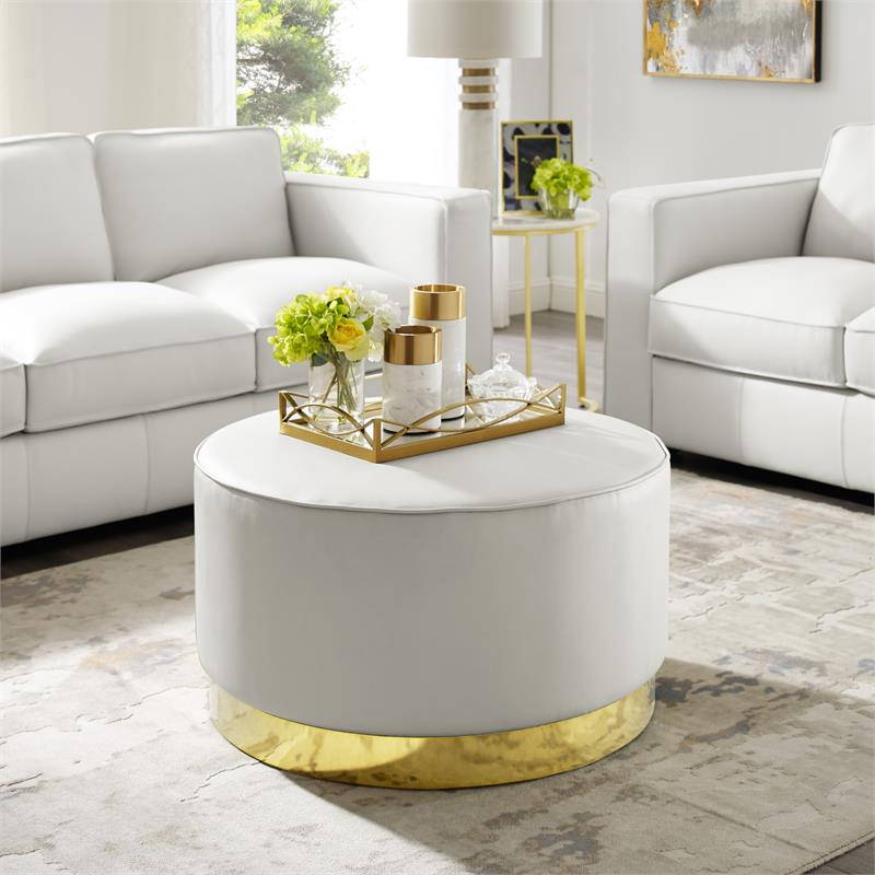 Posh Living Suchada Faux Leather Round Cocktail Ottoman in White/Gold