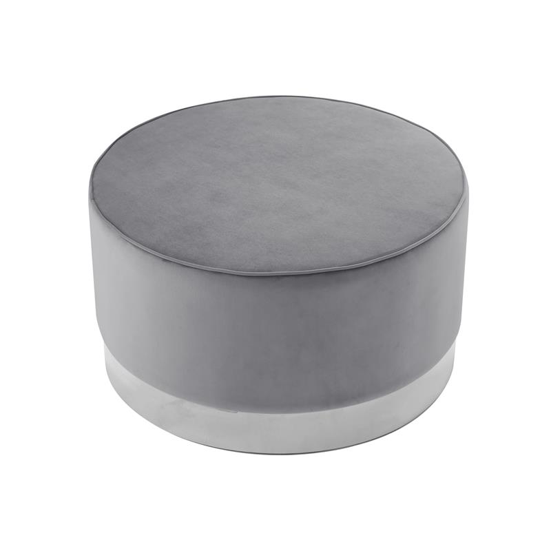 Posh Living Suchada Velvet Round Cocktail Ottoman in Gray/Chrome