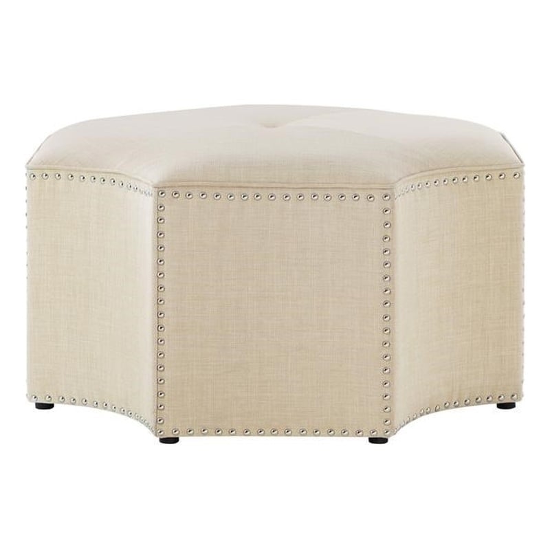 Posh Living Runrawin Linen Fabric Octagon Cocktail Ottoman in Cream/White