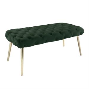 Posh Living Dia Button Tufted Velvet Bench with Metal Legs in Hunter Green/Gold