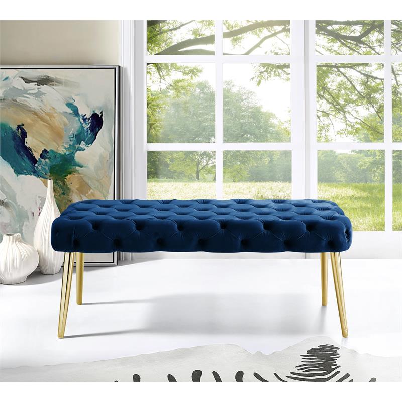 Posh Living Dia Button Tufted Velvet Bench with Metal Legs in Navy Blue/Gold