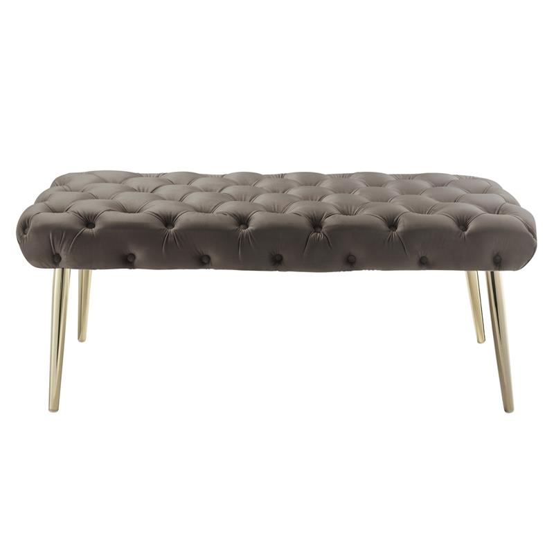 Posh Living Dia Button Tufted Velvet Bench with Metal Legs in Taupe/Gold