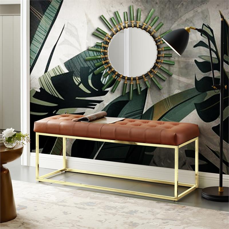 Posh Living Foster Faux Leather Bench in Camel Brown/Gold