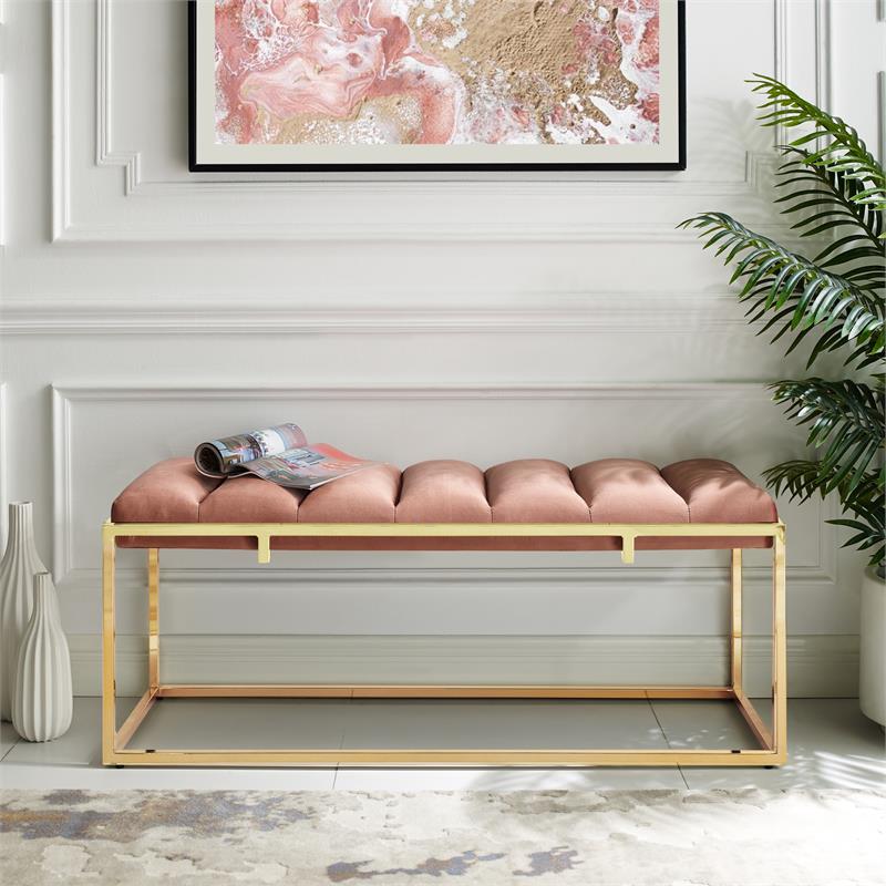 Posh Living Markus Tufted Velvet Bench in Blush Pink/Gold