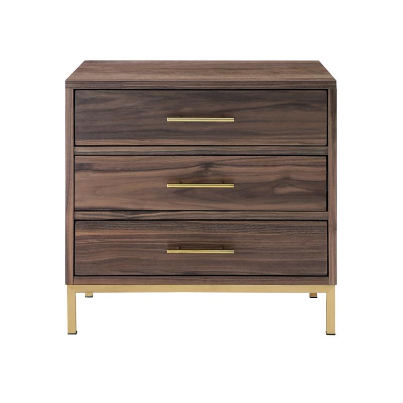 Posh Living Stella 3-Drawer Nightstand with Metal Base in Walnut/Gold