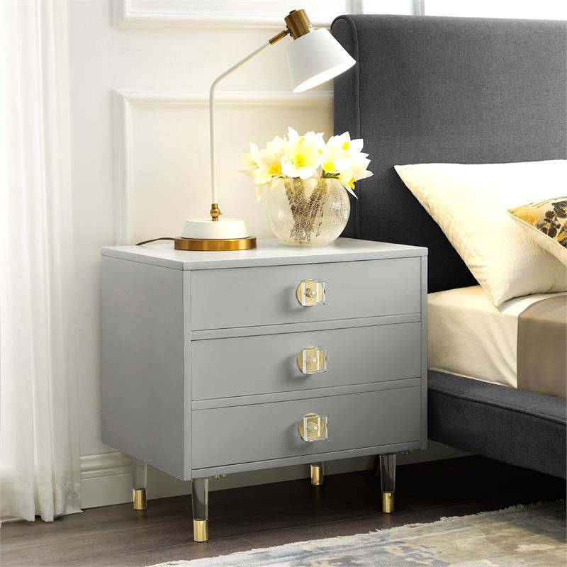 Posh Living Glamuri 3-Drawer Nightstand with Acrylic Legs in Light Gray