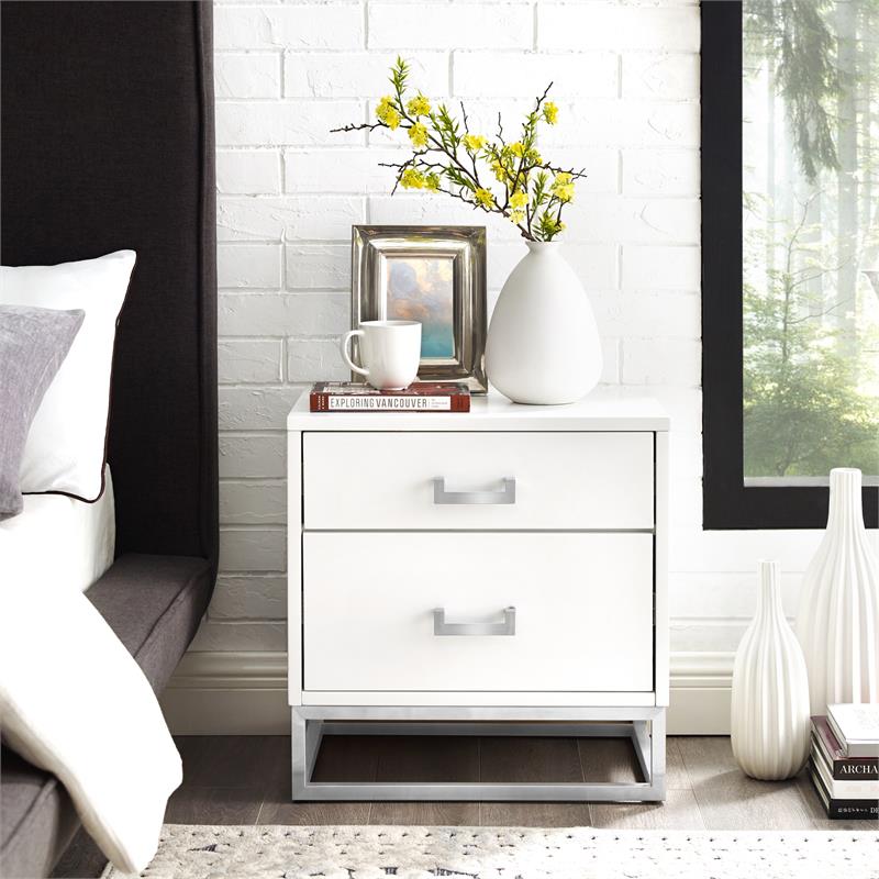 Posh Living Stefano 2-Drawer Nightstand with Metal Base in Dark Gray/Chrome