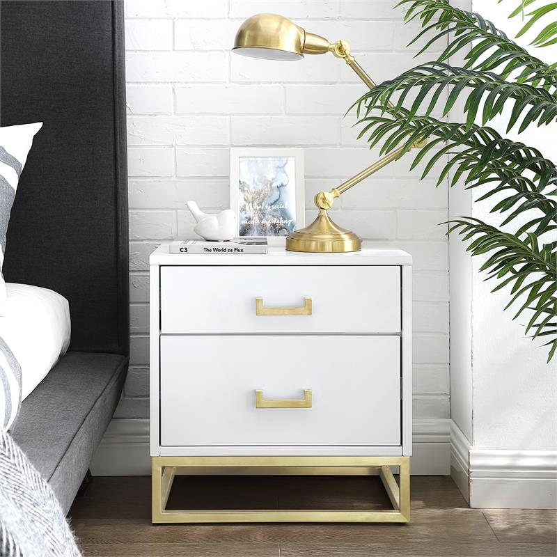 Posh Living Stefano 2-Drawer Nightstand with Metal Base in White/Chrome