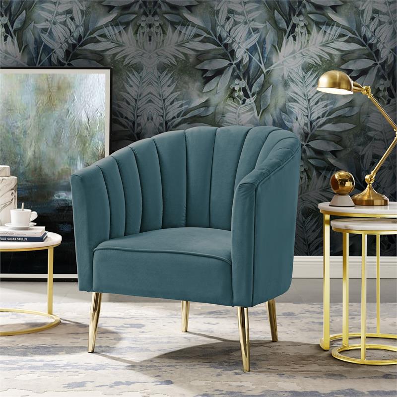Posh Living Blaze Velvet Upholstered Barrel Back Accent Chair in Teal/Gold