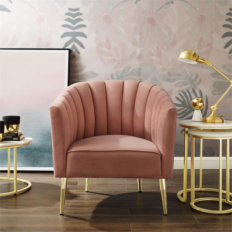 Posh Living Blaze Velvet Upholstered Barrel Back Accent Chair in Blush/Gold