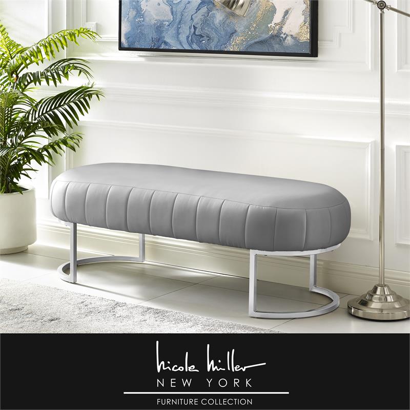 Posh Living Nicole Miller Orpheus Modern Faux Leather Bench in Gray/Silver