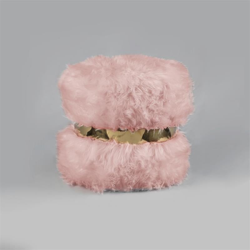 Posh Living Nicole Miller Braydon Faux Fur Fabric Ottoman in Blush Pink/Gold