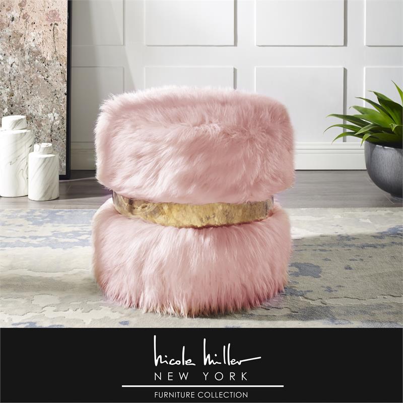 Posh Living Nicole Miller Braydon Faux Fur Fabric Ottoman in Blush Pink/Gold