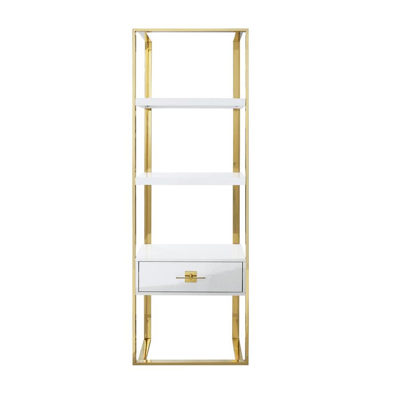 Posh Living Mano Stainless Steel 3-Shelf & 1-Drawer Bookcase White/Gold