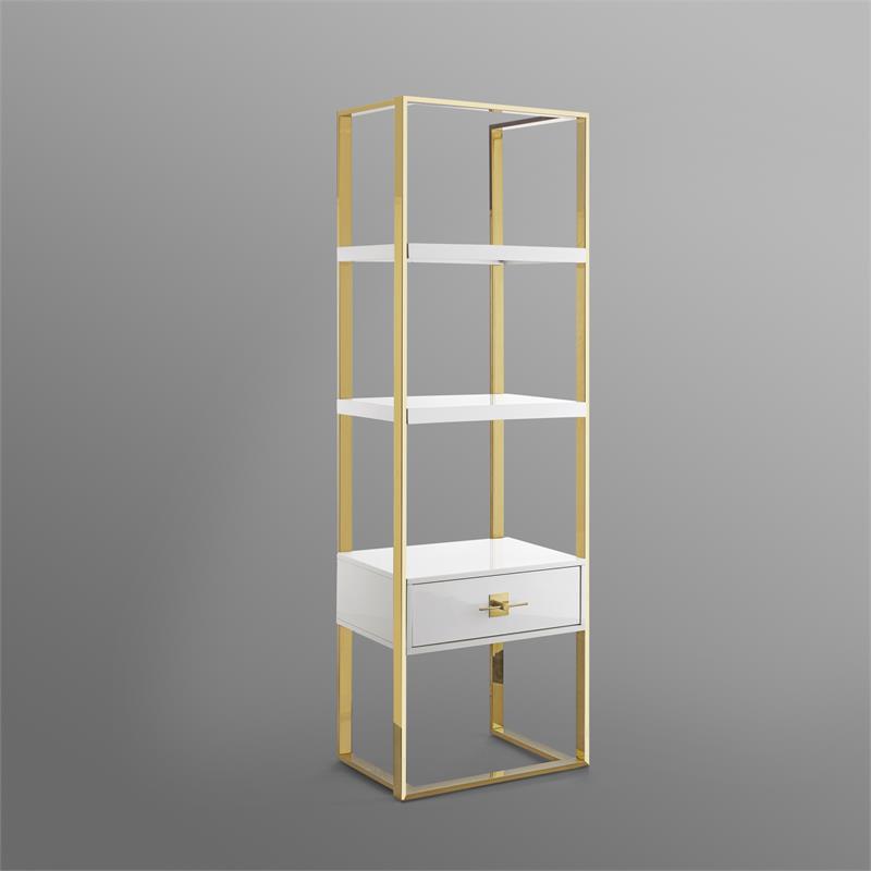 Posh Living Mano Stainless Steel 3-Shelf & 1-Drawer Bookcase White/Gold