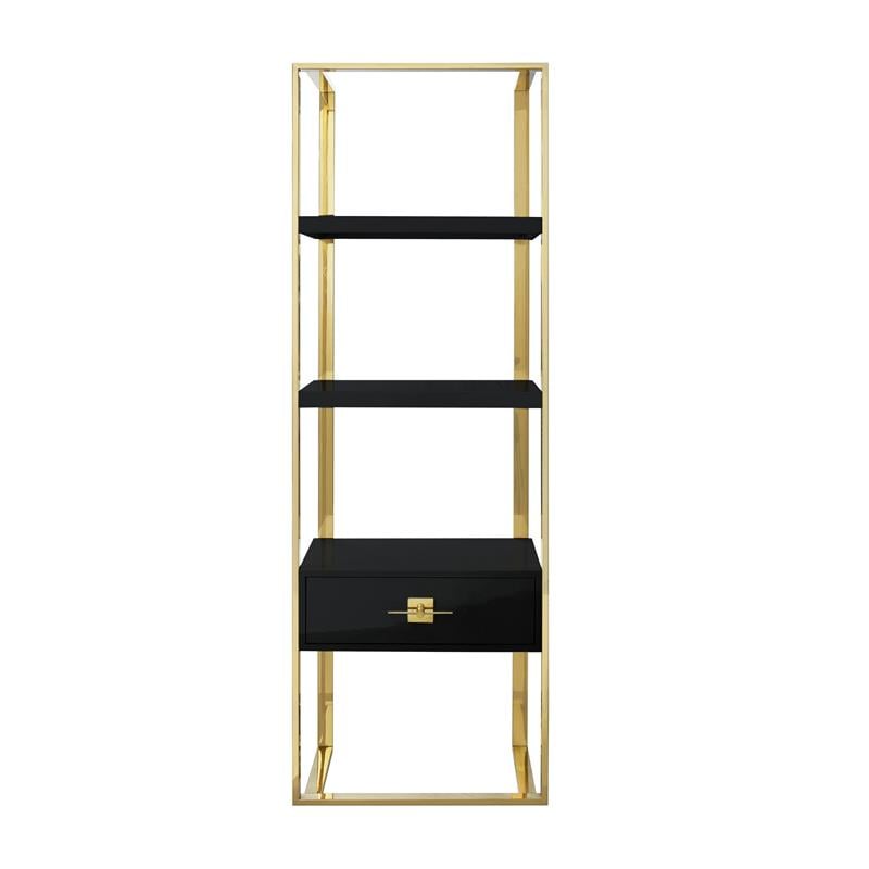 Posh Living Mano Stainless Steel 3-Shelf & 1-Drawer Bookcase Black/Gold
