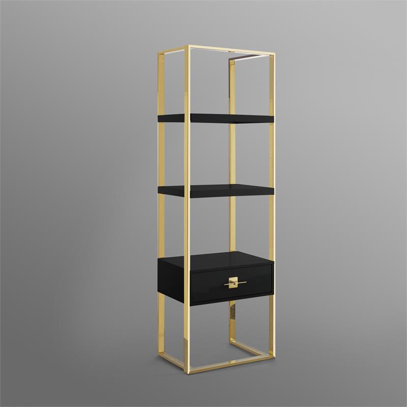 Posh Living Mano Stainless Steel 3-Shelf & 1-Drawer Bookcase Black/Gold