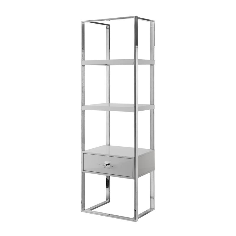 Posh Living Mano Stainless Steel 3-Shelf & 1-Drawer Bookcase Light Gray/Chrome