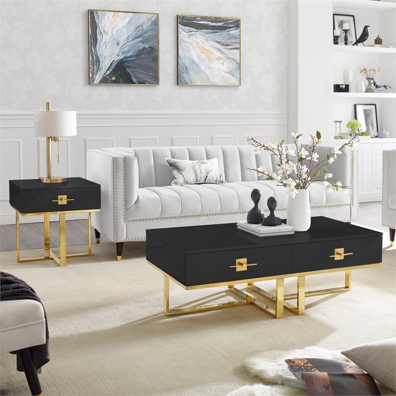 Posh Living Mano 1-Drawer Stainless Steel Base End Table in Black/Gold