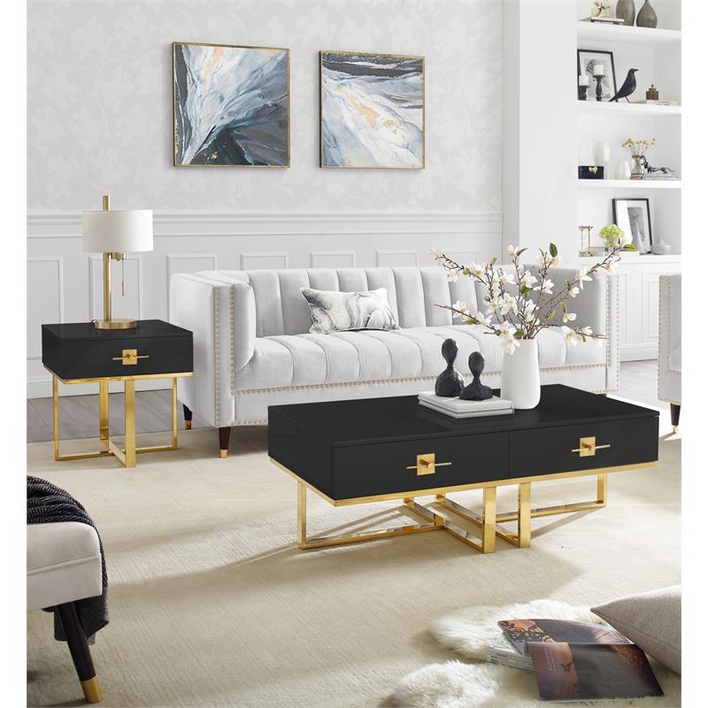 Posh Living Mano 1-Drawer Stainless Steel Base End Table in Black/Gold