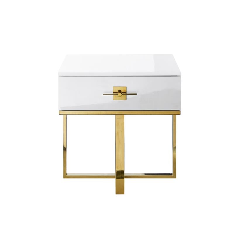 Posh Living Mano 1-Drawer Stainless Steel Base End Table in White/Gold