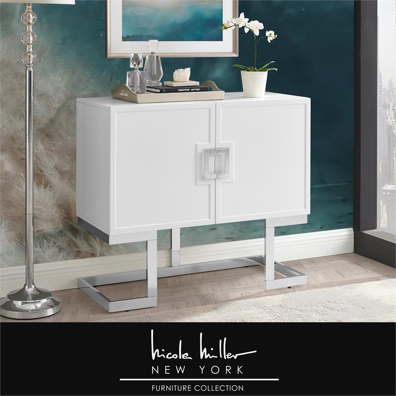 Posh Living Maleia 2-Doors Oak Veneer Wood Accent Chest in White/Chrome