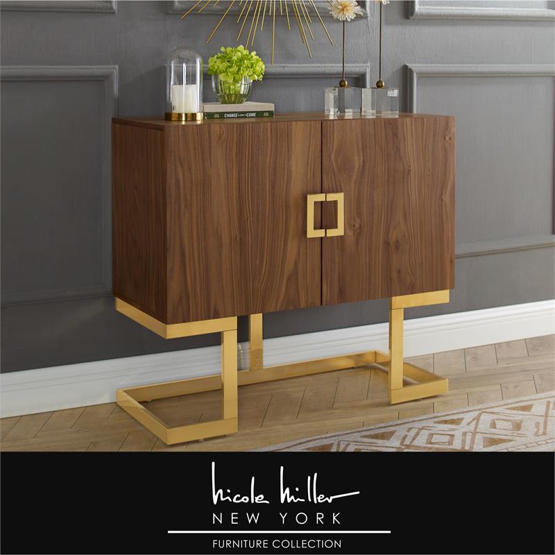 Posh Living Maleia 2-Doors Oak Veneer Wood Accent Chest in Walnut/Gold