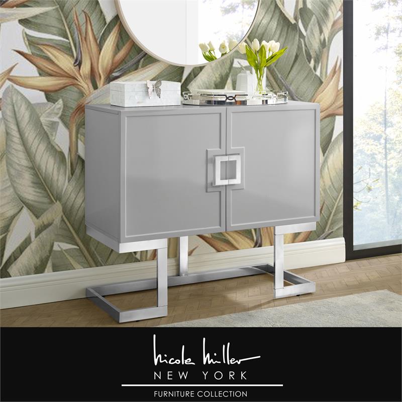 Posh Living Maleia 2-Doors Oak Veneer Wood Accent Chest in Light Gray/Chrome