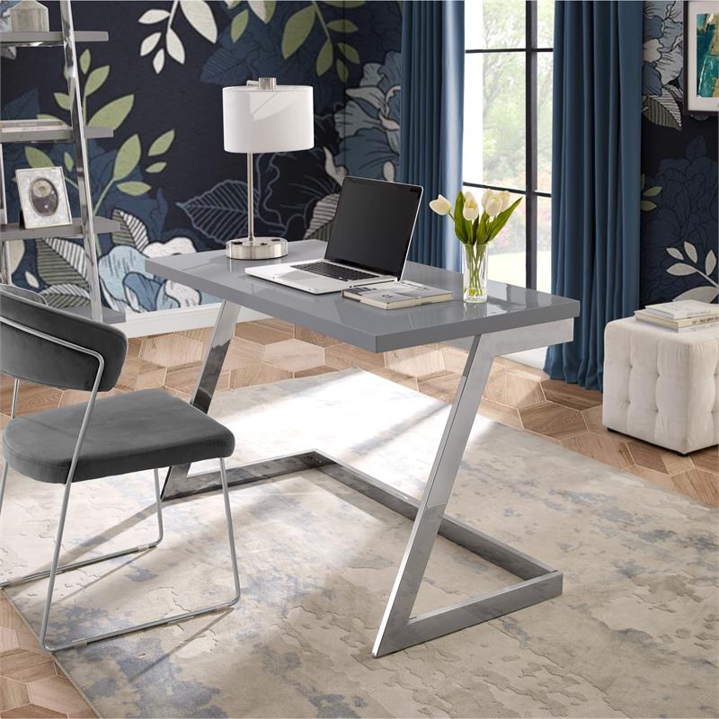 Posh Living Aluna Modern Stainless Steel Base Writing Desk in Light Gray/Chrome