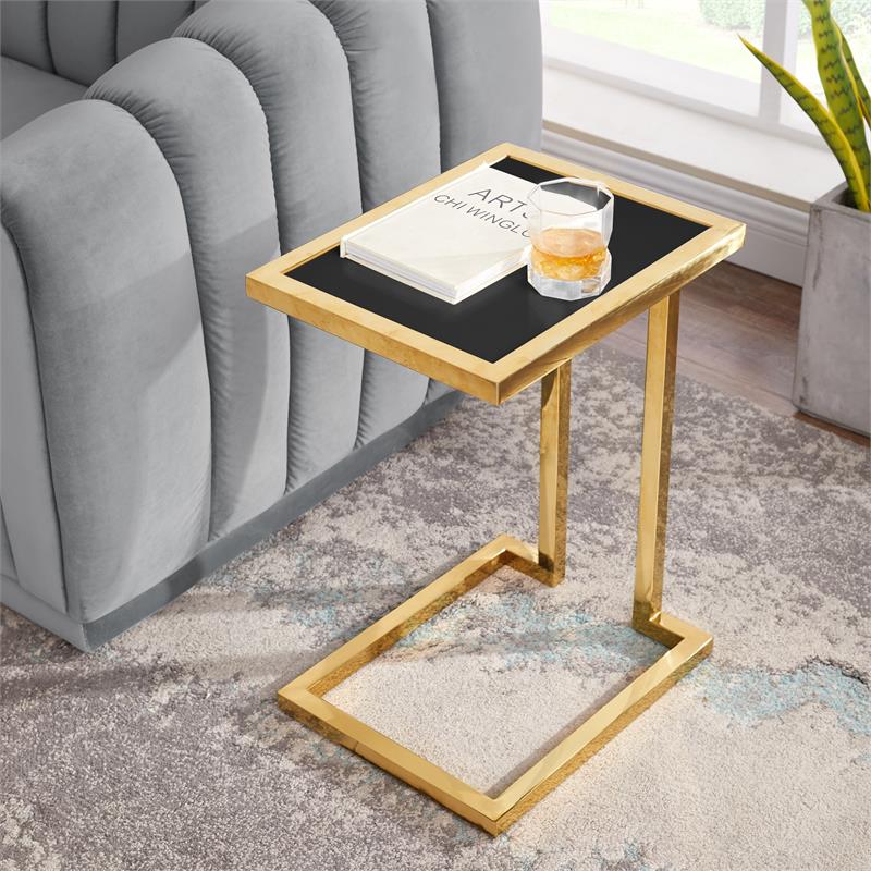 Posh Living Luane Modern C-Shape Stainless Steel End Table in Black/Gold