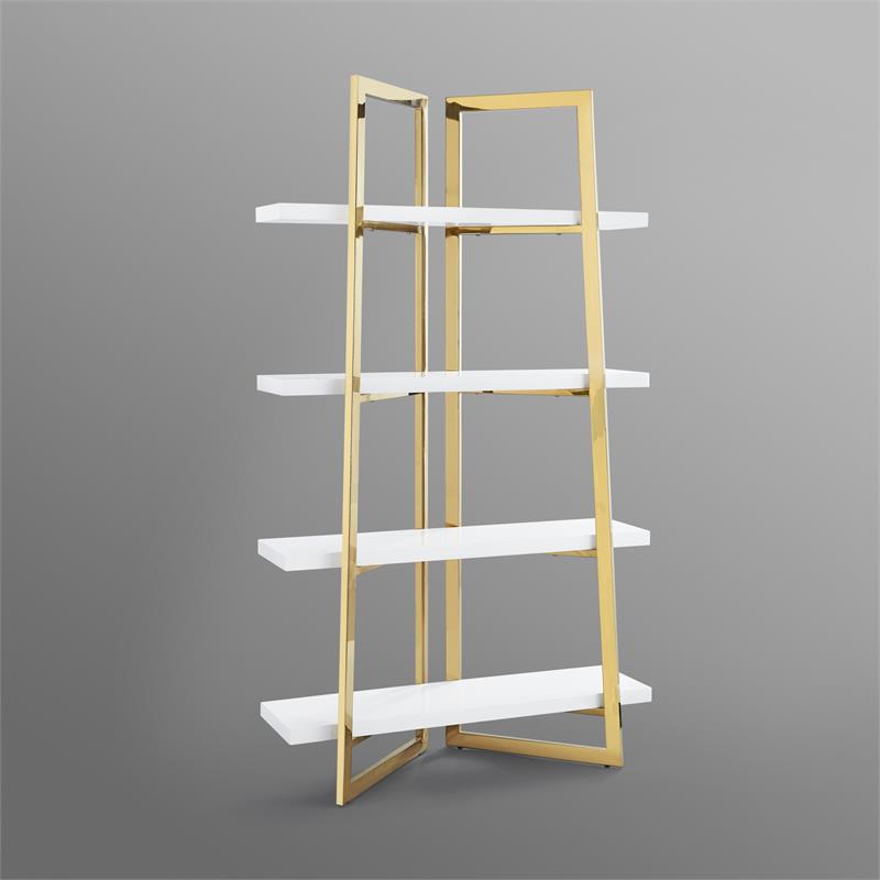 Posh Living Aluna 4-Shelf Stainless Steel Frame Bookcase in White/Gold