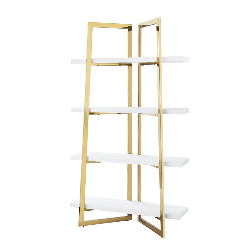 Posh Living Aluna 4-Shelf Stainless Steel Frame Bookcase in White/Gold