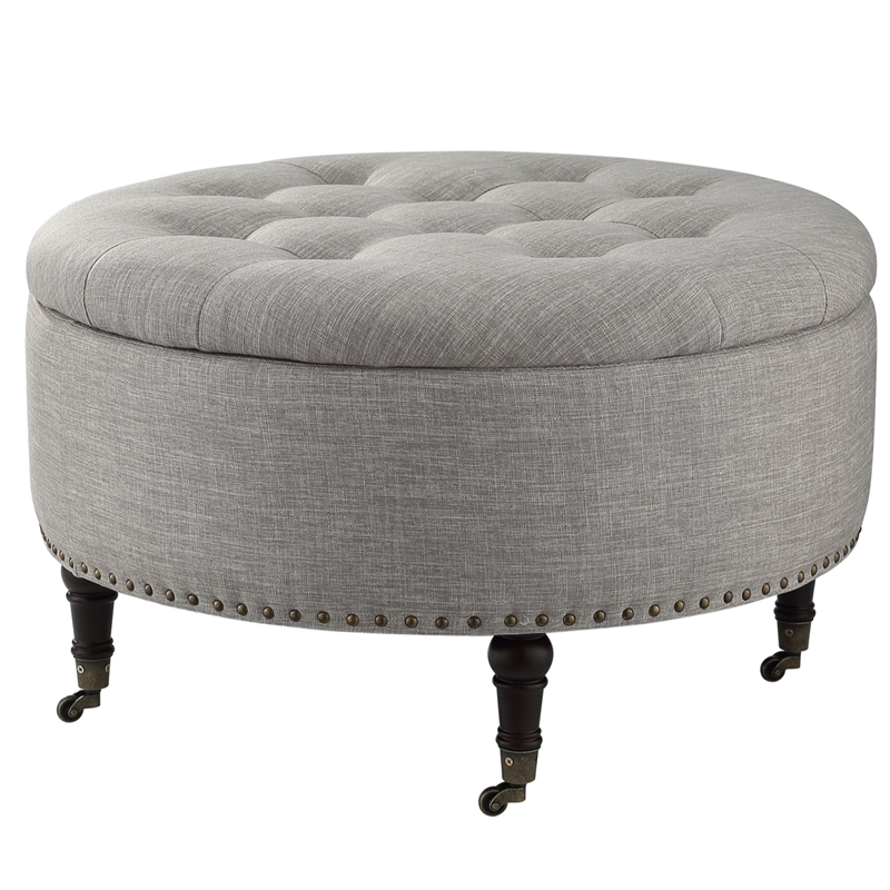 Landon Round Ottoman Gray Linen  Hidden Storage Button Tufted