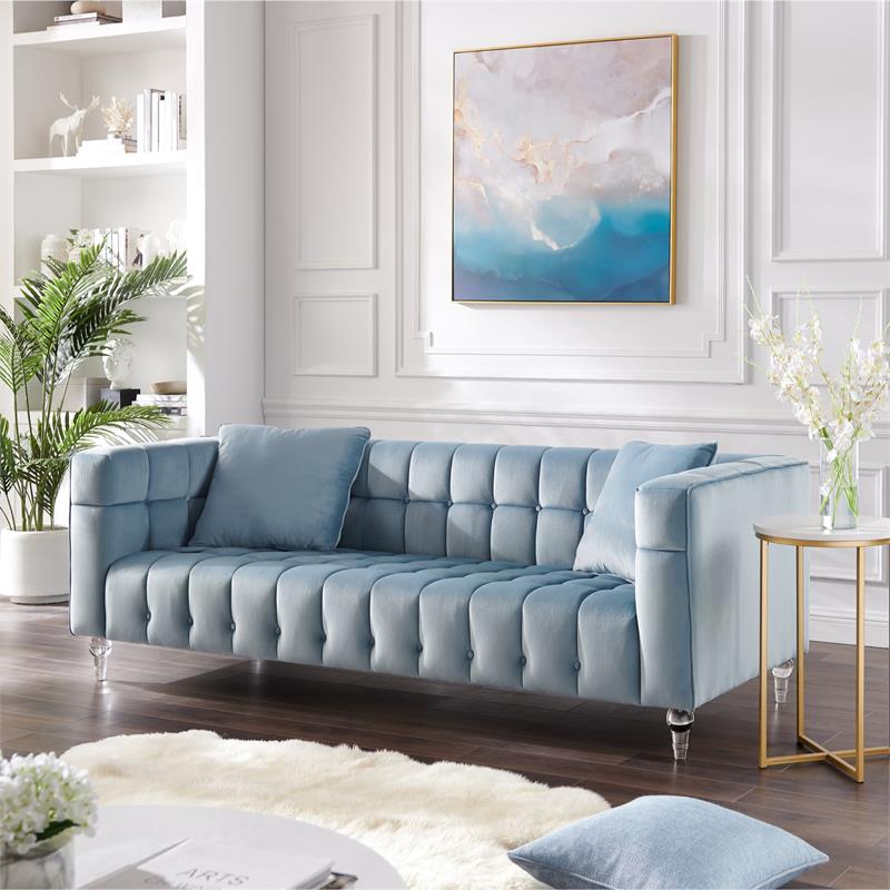 Adalyn Sofa Teal Blue Velvet  Biscuit Tufted Lucite Leg