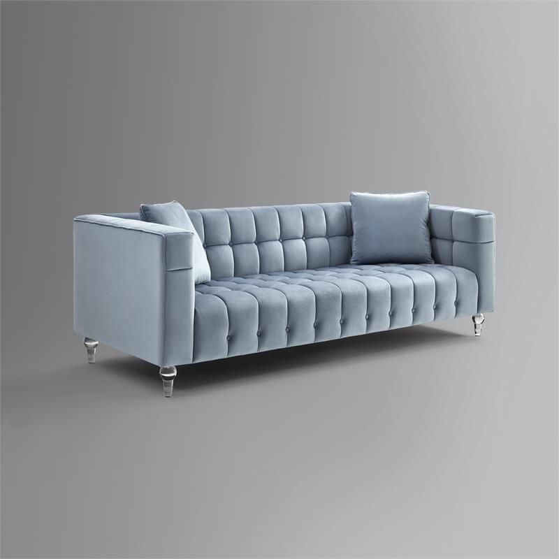 Adalyn Sofa Teal Blue Velvet  Biscuit Tufted Lucite Leg