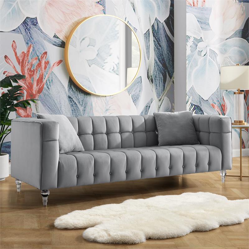 Adalyn Sofa Gray Velvet  Biscuit Tufted Lucite Leg