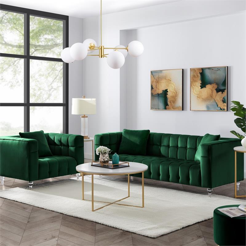 Adalyn Sofa Hunter Green Velvet  Biscuit Tufted Lucite Leg