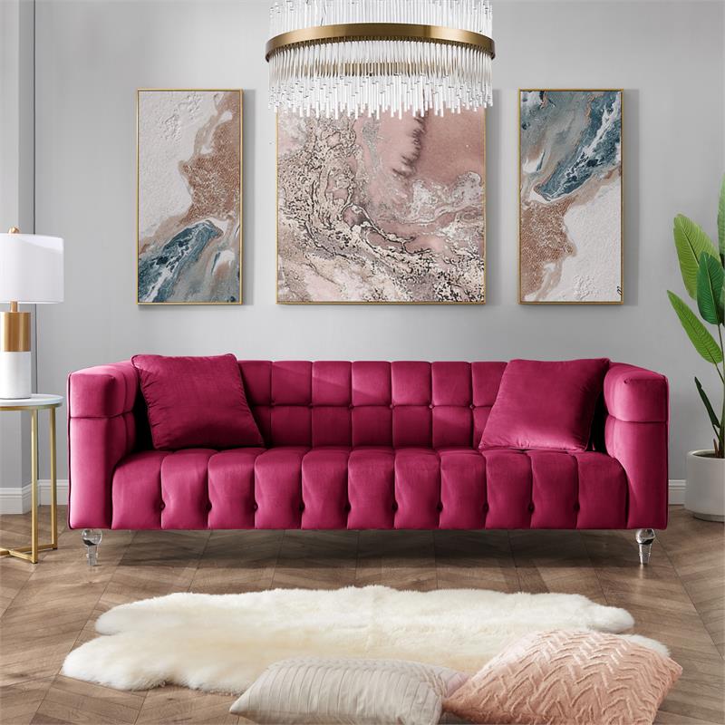 Adalyn Sofa Fuchsia Velvet  Biscuit Tufted Lucite Leg Sinuous Springs