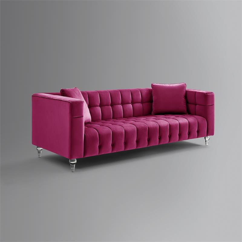 Adalyn Sofa Fuchsia Velvet  Biscuit Tufted Lucite Leg Sinuous Springs