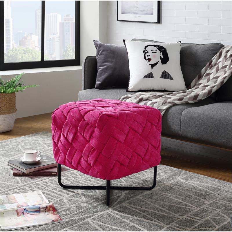 Jenna Ottoman Fuchsia Pink Velvet  Upholstered Hand Woven