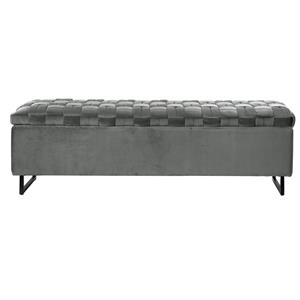 Danielle Rectangular Storage Bench Gray Velvet  Upholstered Hand Woven