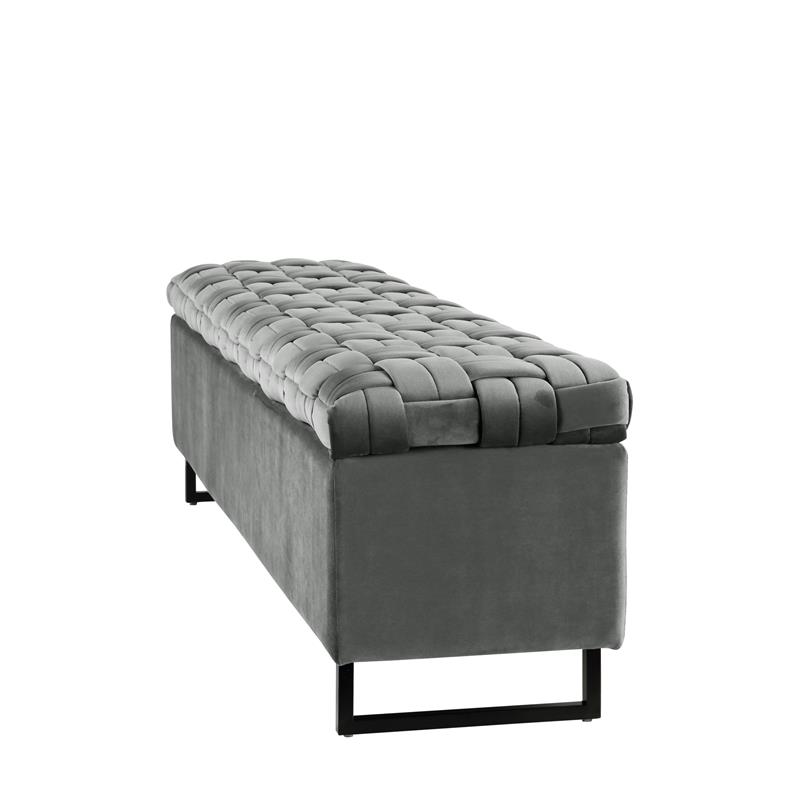 Danielle Rectangular Storage Bench Gray Velvet  Upholstered Hand Woven