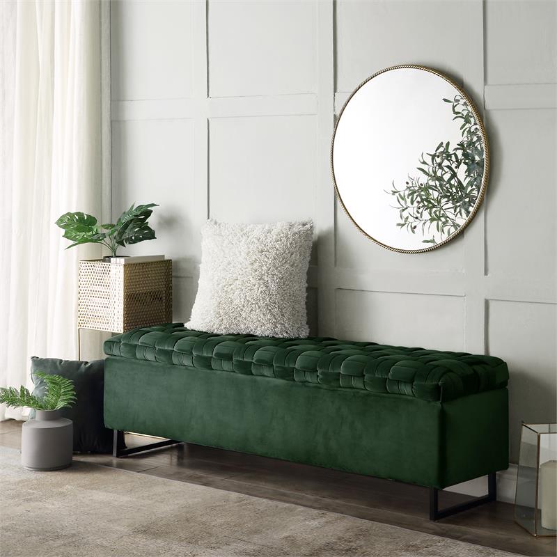 Danielle Storage Bench Hunter Green Velvet  Upholstered Hand Woven