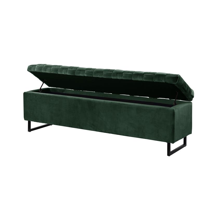 Danielle Storage Bench Hunter Green Velvet  Upholstered Hand Woven