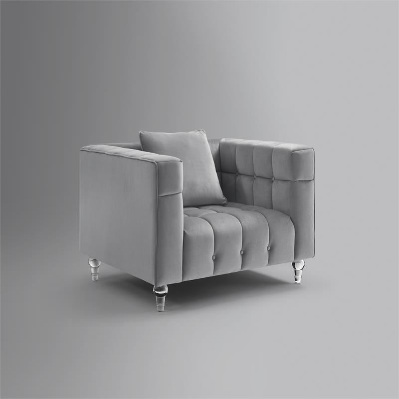 Adalyn Club Chair Gray Velvet  Biscuit Tufted Lucite Leg