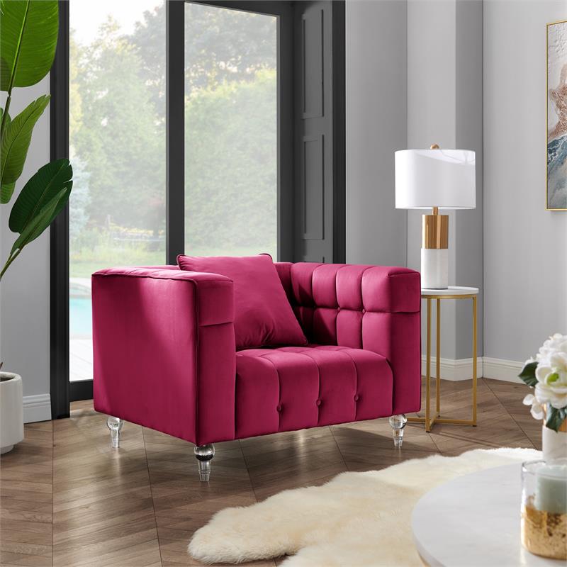 Adalyn Club Chair Fuchsia Pink Velvet  Biscuit Tufted Lucite Leg
