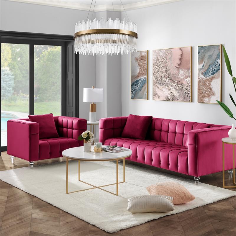 Adalyn Club Chair Fuchsia Pink Velvet  Biscuit Tufted Lucite Leg