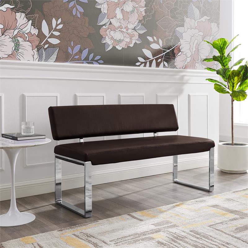 Mabel Bench Brown Leather PU Upholstered Chrome Legs Rectangular