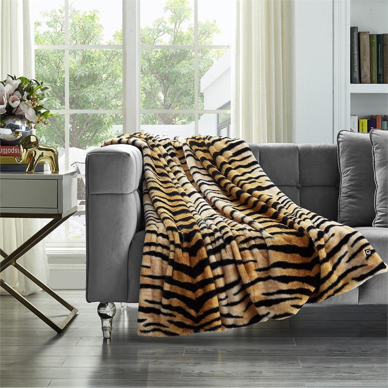 Maia Throw Tiger Polyester Microfiber 50 In x 60 In Printed Rabbit Fur in Orange