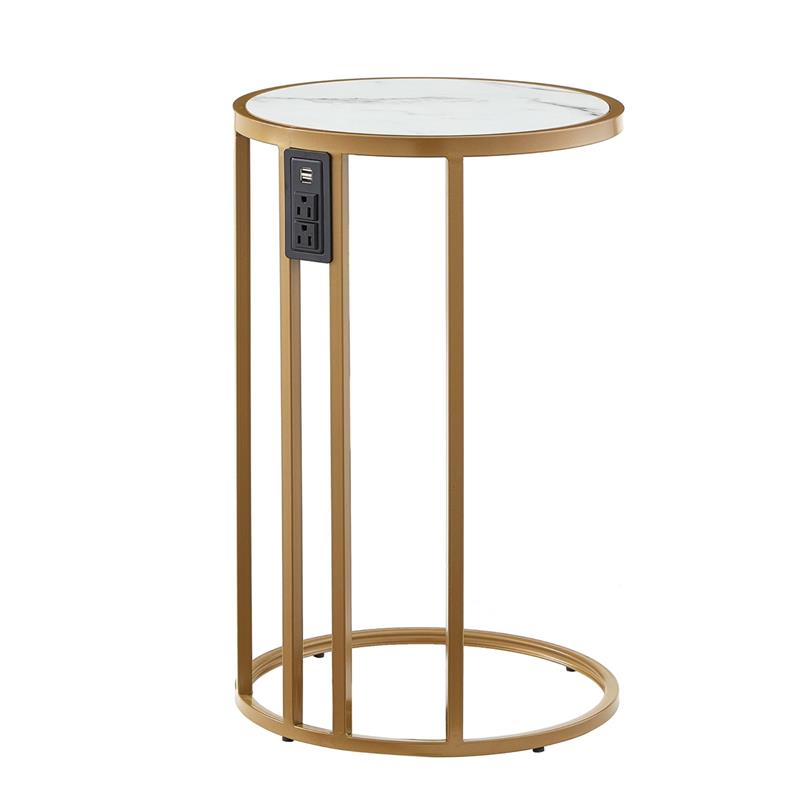Annabel End Table White with Faux Marble Veneer Top Gold Metal Base